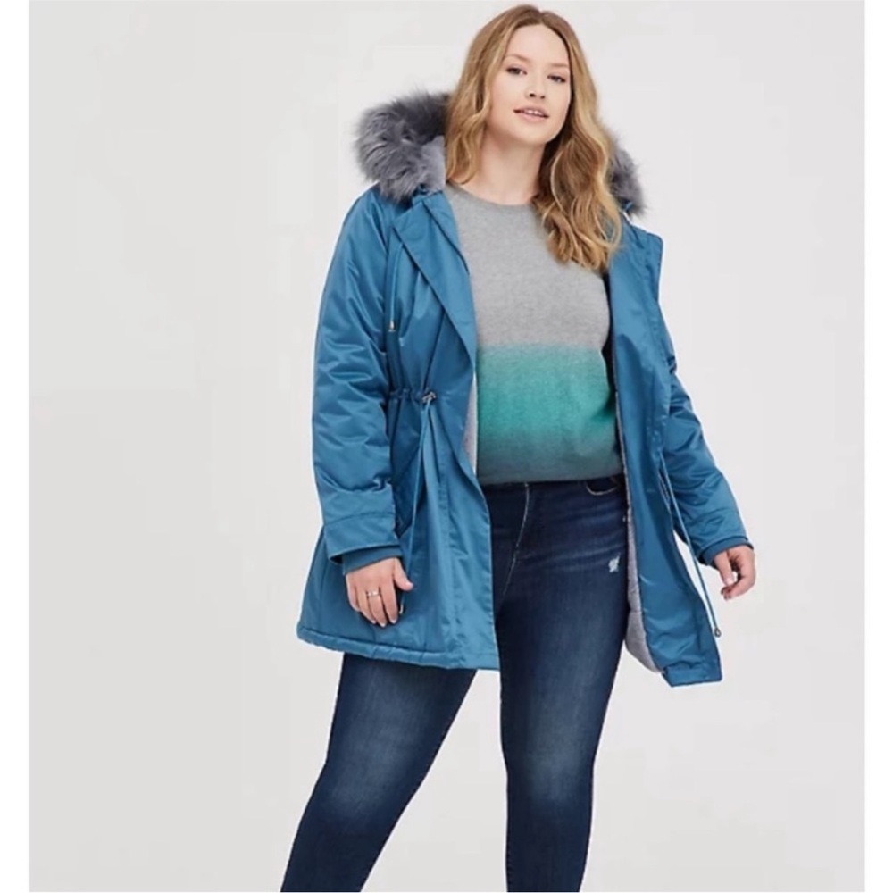 Torrid blue Insulated Puffer Coat with Fur Trimmed Hood size 1